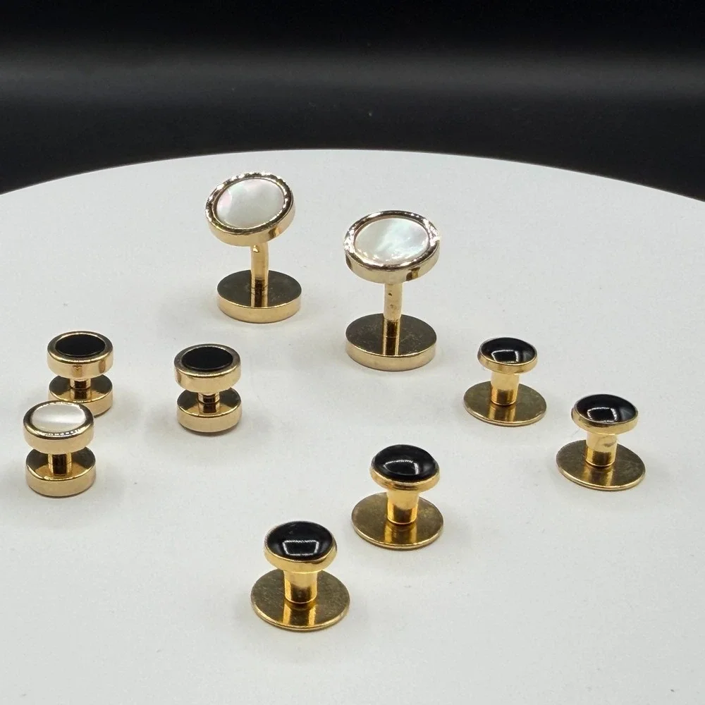 Gold Tone Tuxedo Stud Cufflink Set Black Mother of Pearl Formal Dress Shirt